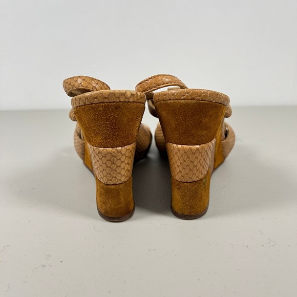 Michael Kors Sandals 9.5 M Tan Leather Snakeskin Embossed Wedge Heel Ankle Strap - Picture 4 of 10